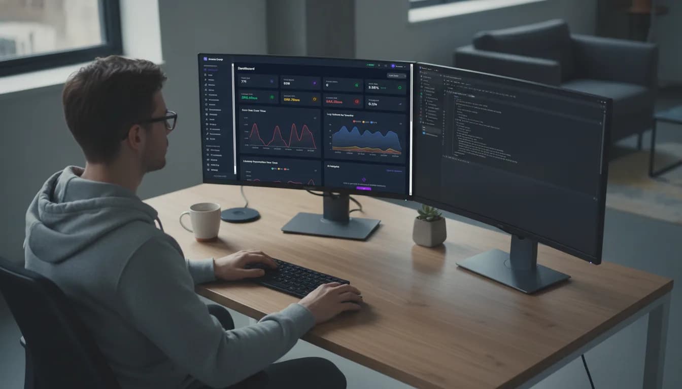 Over-the-shoulder view of a developer at a desk reading a dark telemetry dashboard.
