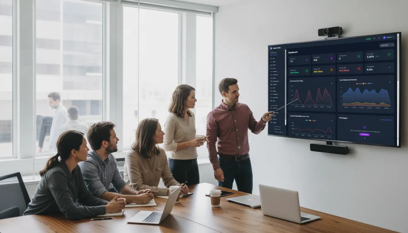 An engineering team in a glass meeting room reviewing a telemetry dashboard on a wall screen.