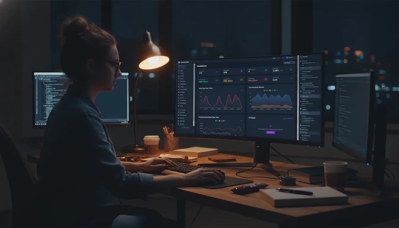 An engineer at a two-monitor desk at night, calmly handling an incident.
