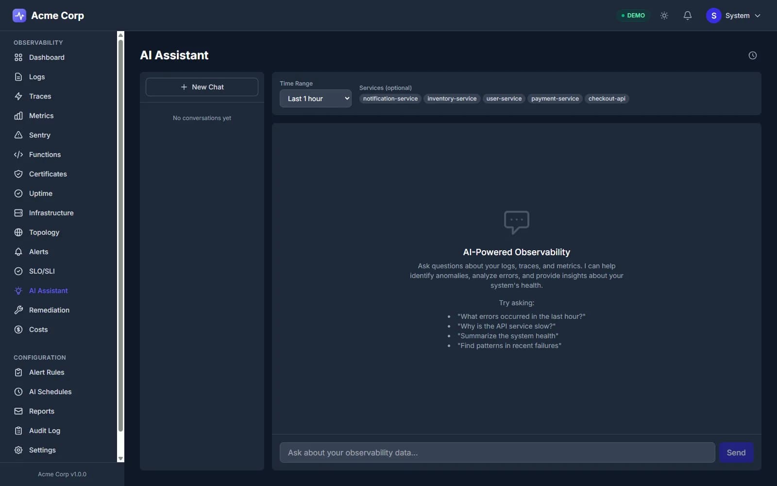 OpenPulse AI Assistant — asking telemetry in plain language to surface the root cause and a proposed remediation.