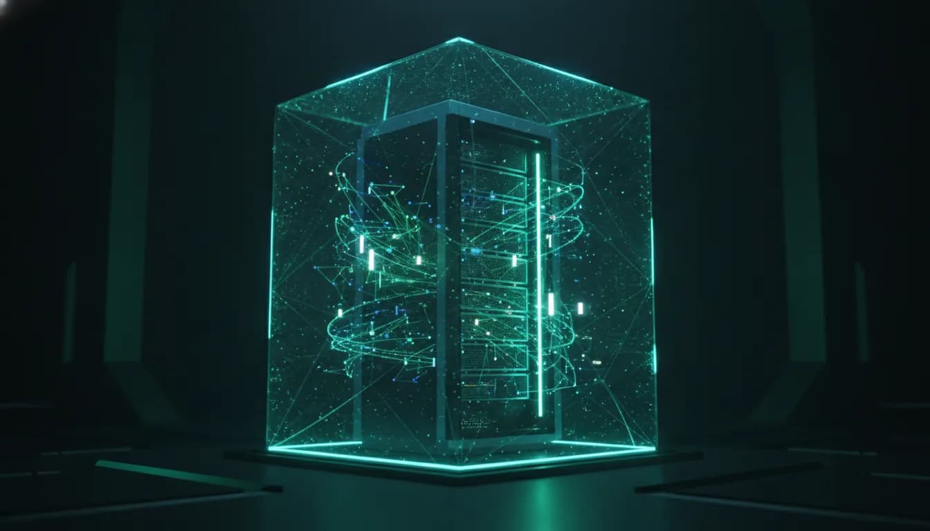 A server sealed inside a glowing protective boundary — telemetry data fully contained within your own perimeter.