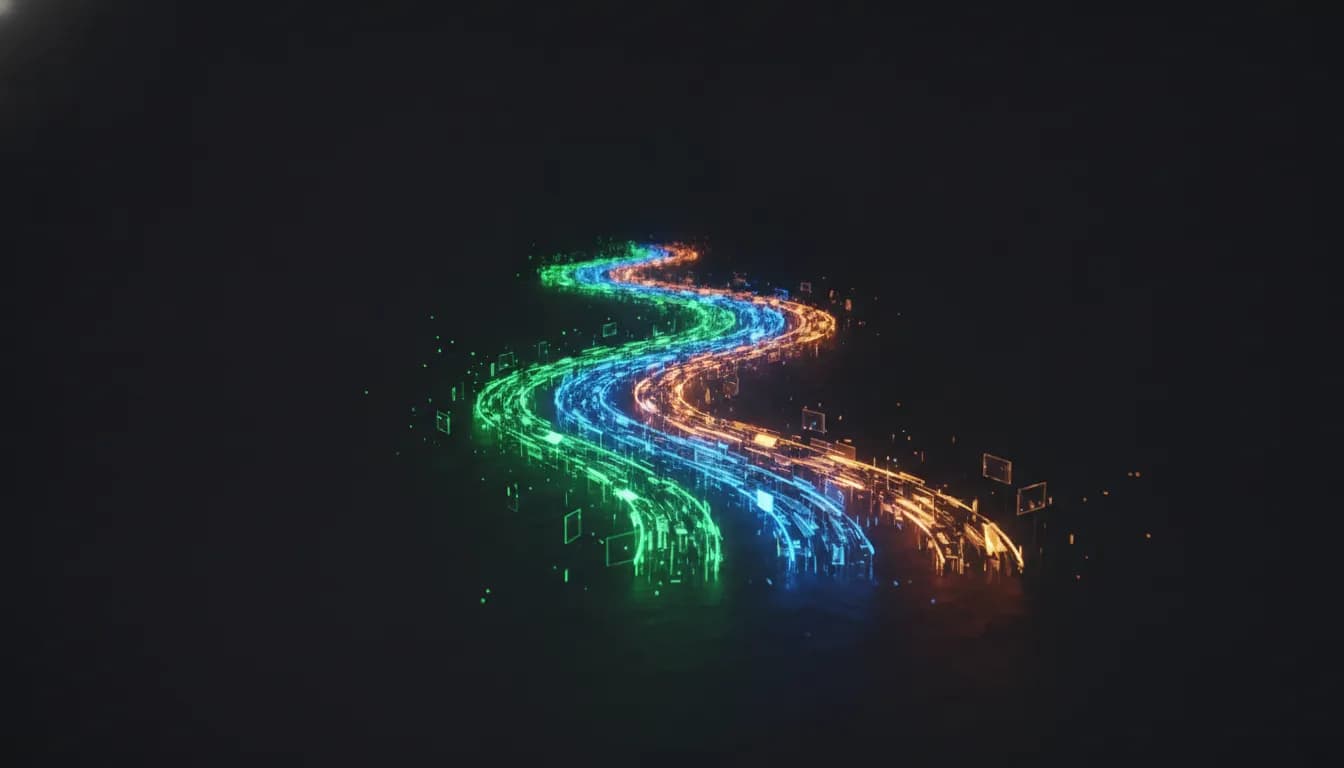 Three separate telemetry streams — logs, traces and metrics — braiding into a single unified river of data.