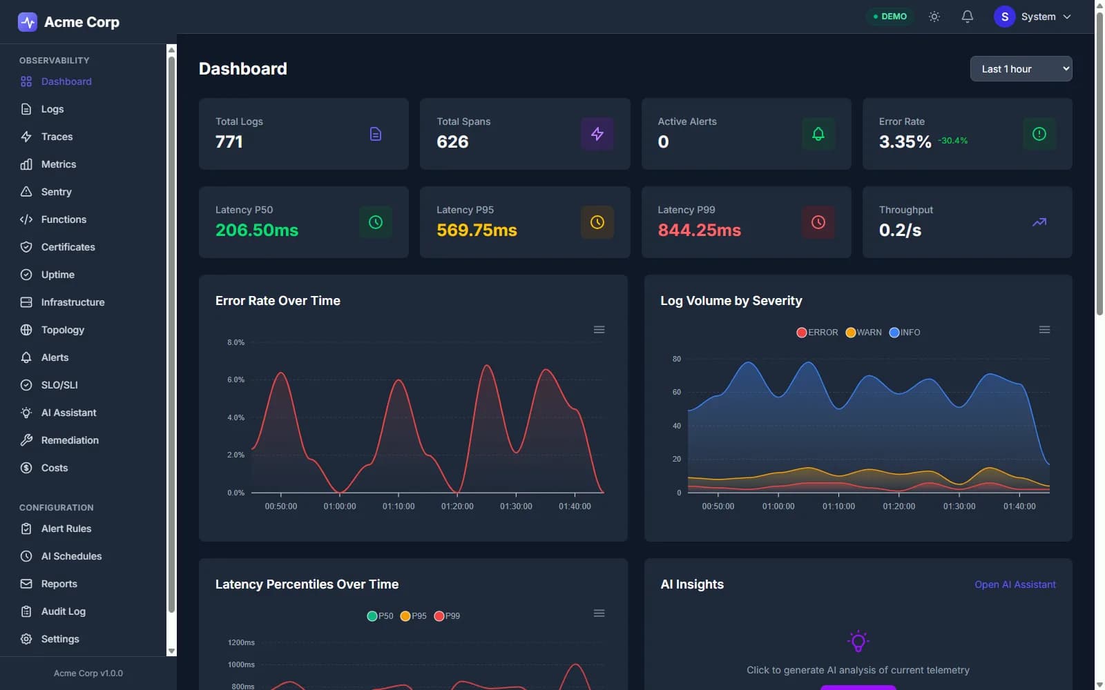 The OpenPulse dashboard — live logs, traces, and metrics in a single dark pane of glass.