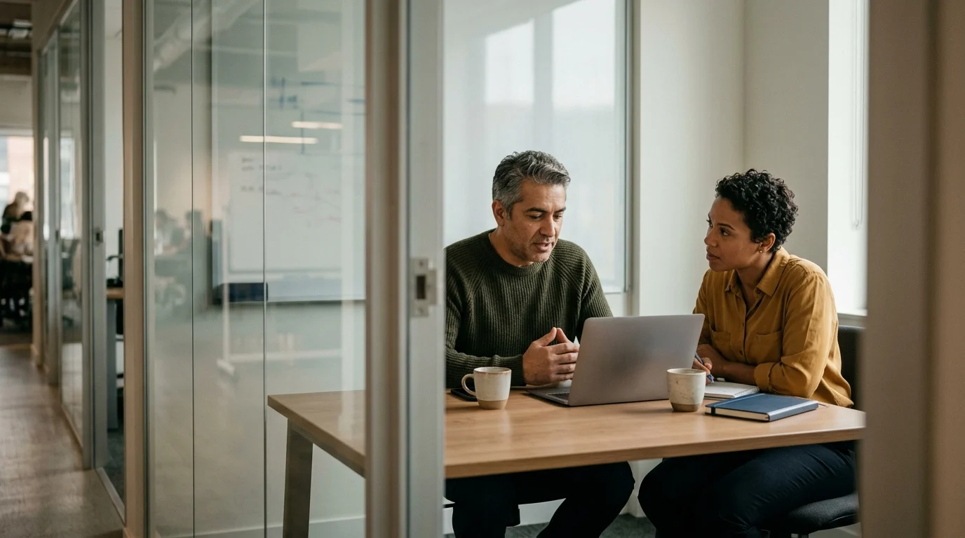 A one to one conversation in a small glass meeting room