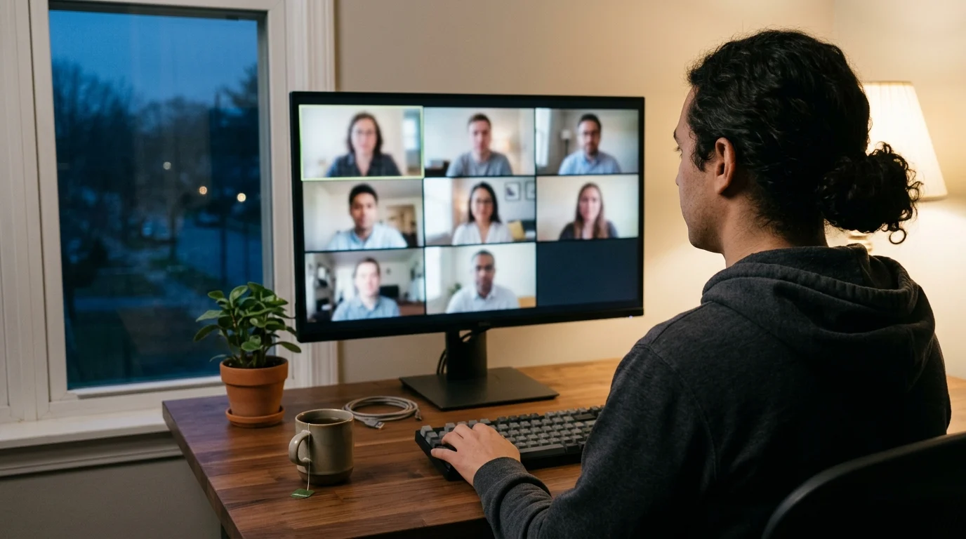 A developer working from home on a video call with the team