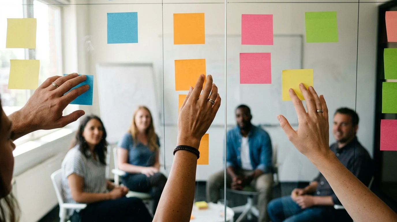 Hands placing sticky notes on a glass wall during a retrospective