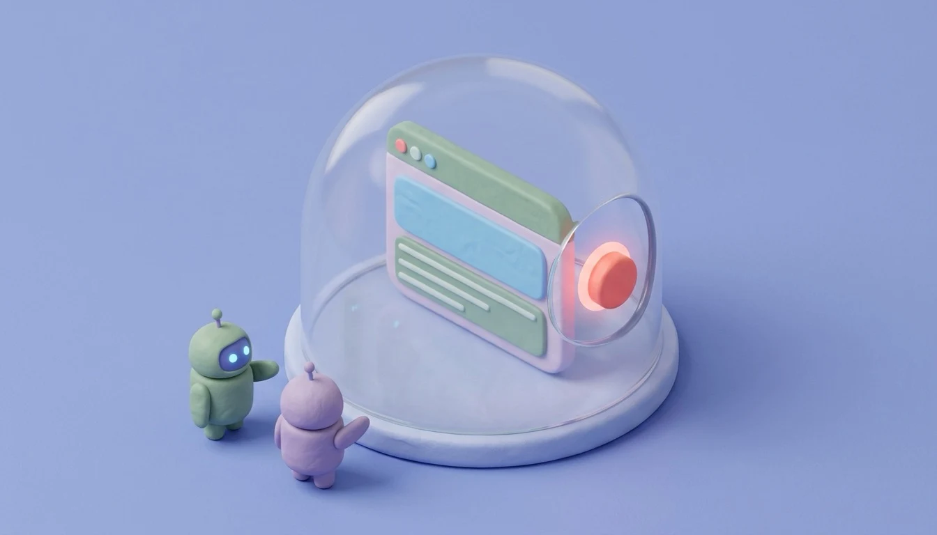 A browser window under a protective dome, with two agents outside and one unguarded opening left over the glowing button