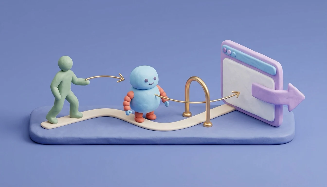 A person, an agent and a browser window in a row, with the call passing through a gate the browser controls