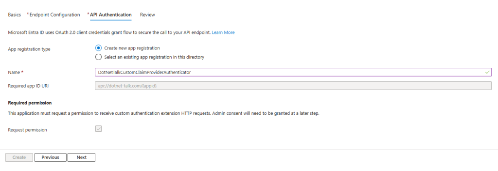 API authentication configuration for Entra ID custom claims