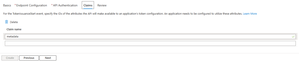 Custom claims definition screen showing metadata and features claims