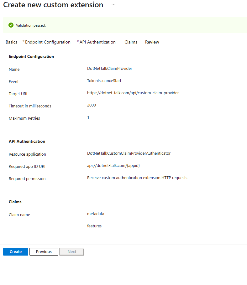 Review page for Entra ID custom claim extension creation