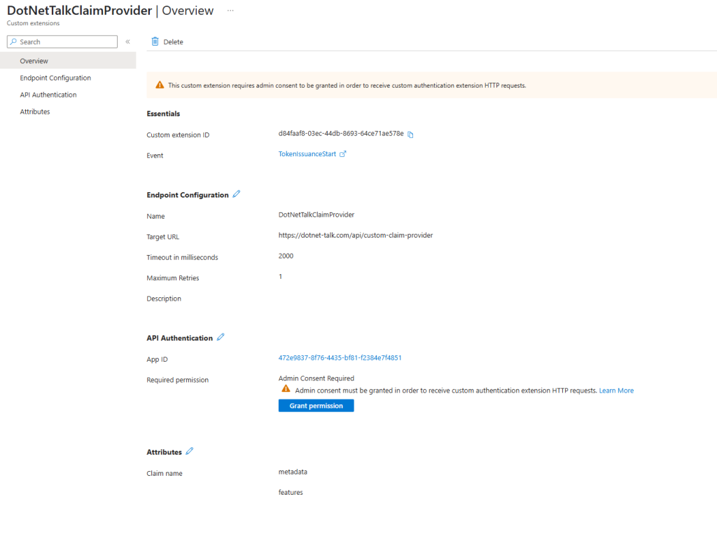 Successful custom extension creation with admin consent prompt