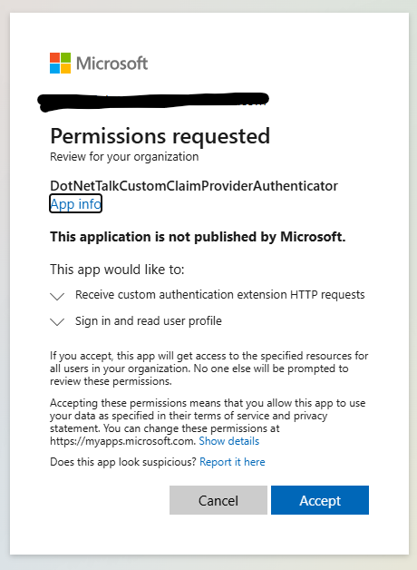 Admin consent confirmation popup for custom authentication extension