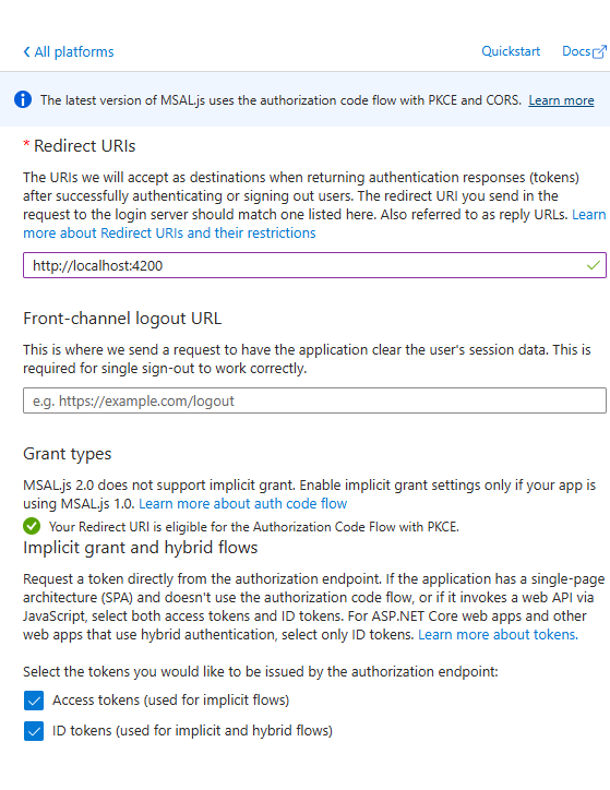 Single-page application platform configuration with ID token enabled