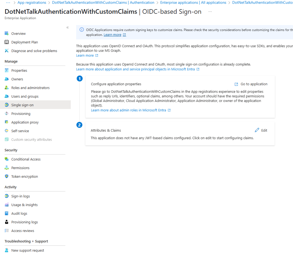 Attributes and Claims section in Entra ID SSO configuration