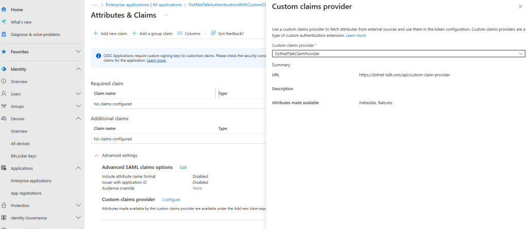 Selecting custom claim provider in Advanced Settings