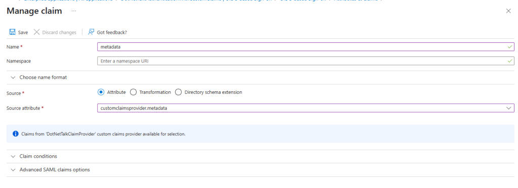 Configuring individual custom claim name and source attribute