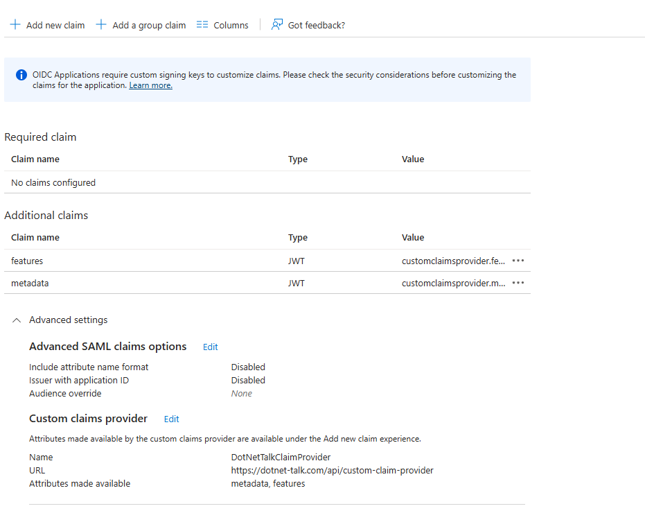 Final Attributes and Claims configuration with custom claims added