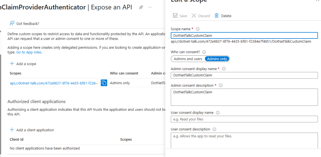Adding API scope in Expose an API section