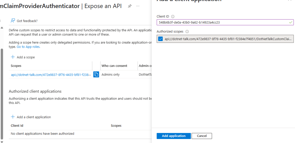 Adding authorized client application with scope selection