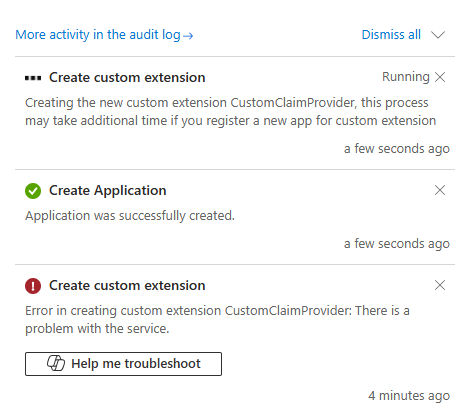 Generic error message when creating custom extension in Entra ID