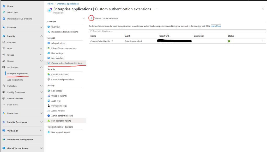 Entra ID Enterprise Applications panel showing custom claim extension option