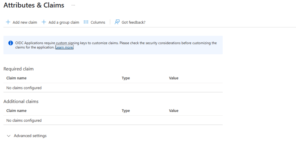Claims configuration page for adding custom claims