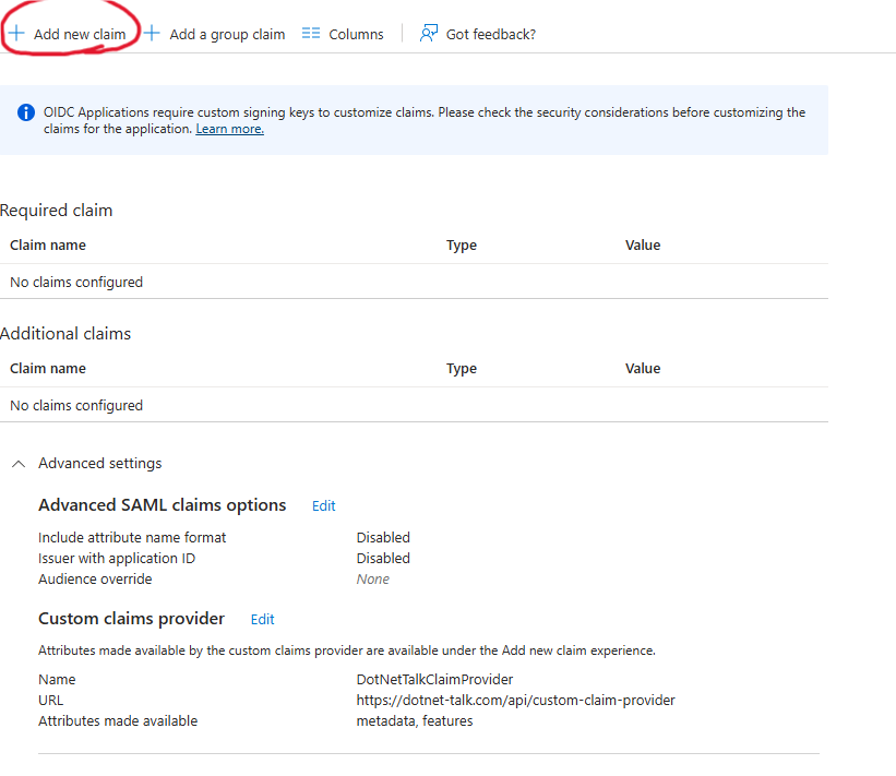 Add new claim button in Entra ID claims configuration