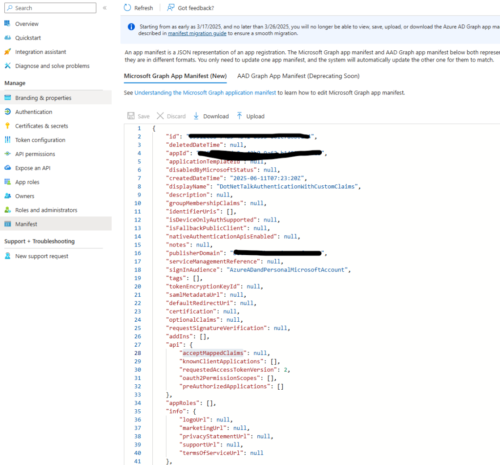 App Registration manifest with acceptMappedClaims set to true